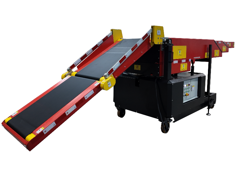 Worker easily moving a flexible mobile telescopic conveyor on wheels in a warehouse.